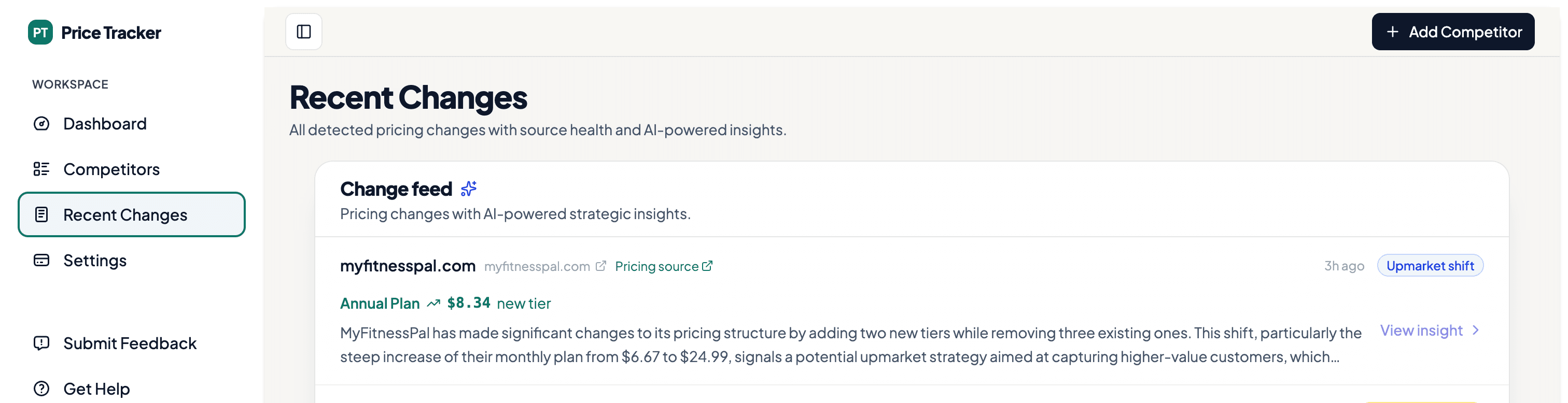 Recent pricing changes feed with AI-powered strategic insights