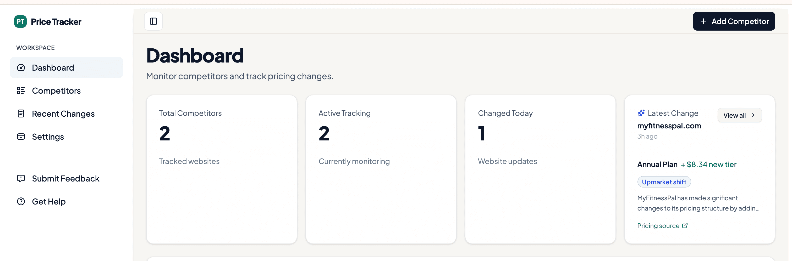 Price Tracker dashboard showing competitor stats and latest pricing change